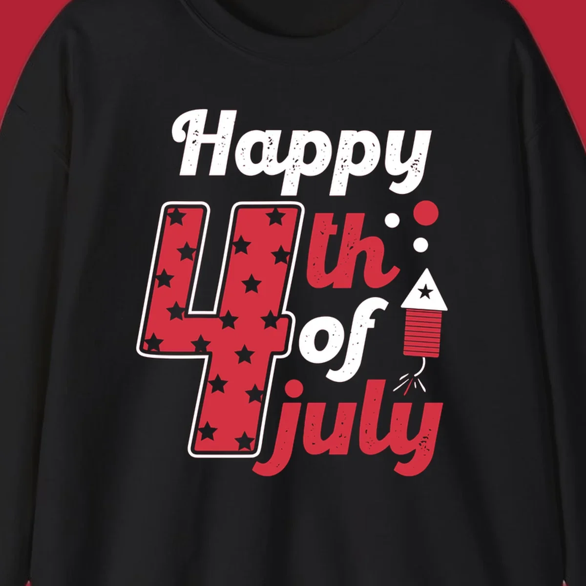 A Happy 4th of July firecracker design with the text 'Happy 4th Of July', a star-filled '4', and a firecracker graphic.