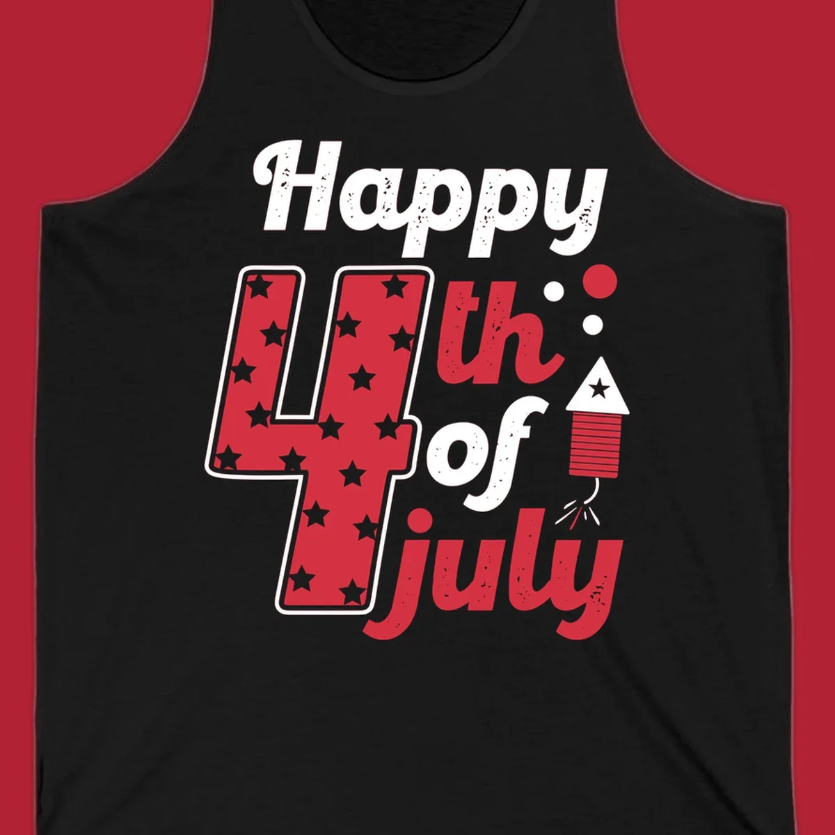 A Happy 4th of July firecracker design with the text 'Happy 4th Of July', a star-filled '4', and a firecracker graphic.