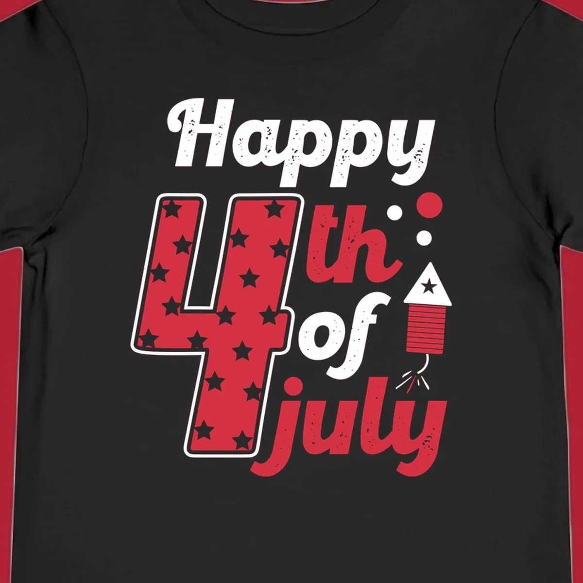 A Happy 4th of July firecracker design with the text 'Happy 4th Of July', a star-filled '4', and a firecracker graphic.
