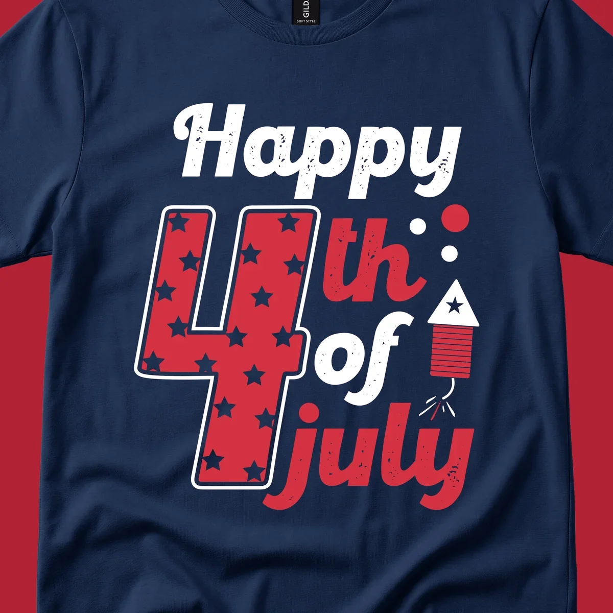 A Happy 4th of July firecracker design with the text 'Happy 4th Of July', a star-filled '4', and a firecracker graphic.