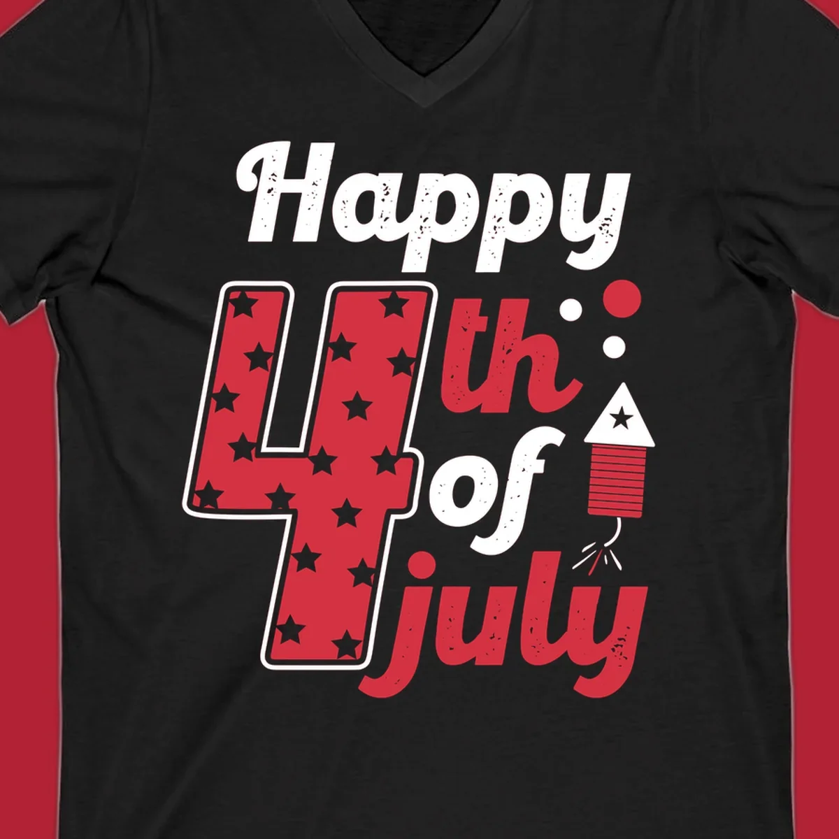 A Happy 4th of July firecracker design with the text 'Happy 4th Of July', a star-filled '4', and a firecracker graphic.