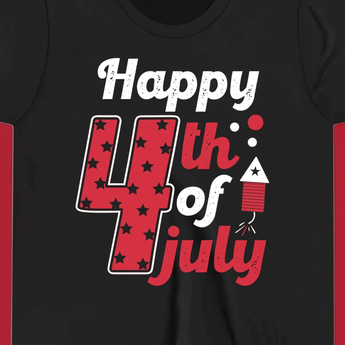 A Happy 4th of July firecracker design with the text 'Happy 4th Of July', a star-filled '4', and a firecracker graphic.