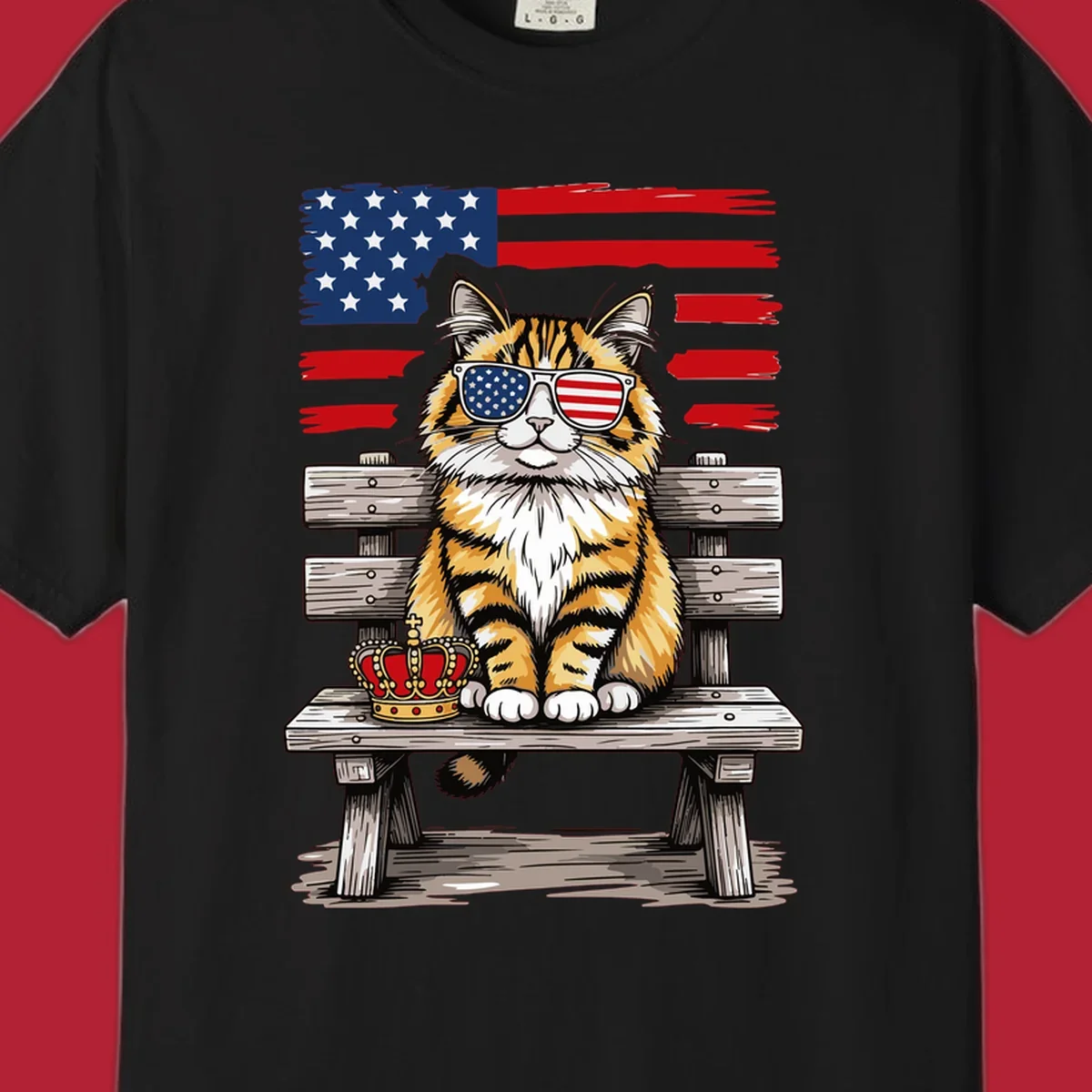 An illustrated patriotic cat wearing American flag sunglasses sits on a bench with a crown and flag in the background.