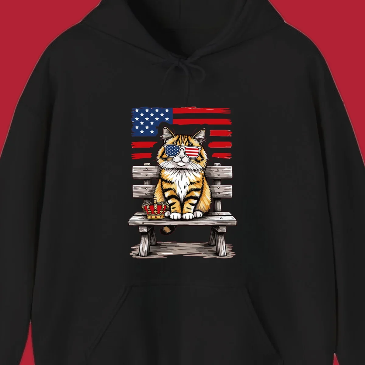 An illustrated patriotic cat wearing American flag sunglasses sits on a bench with a crown and flag in the background.