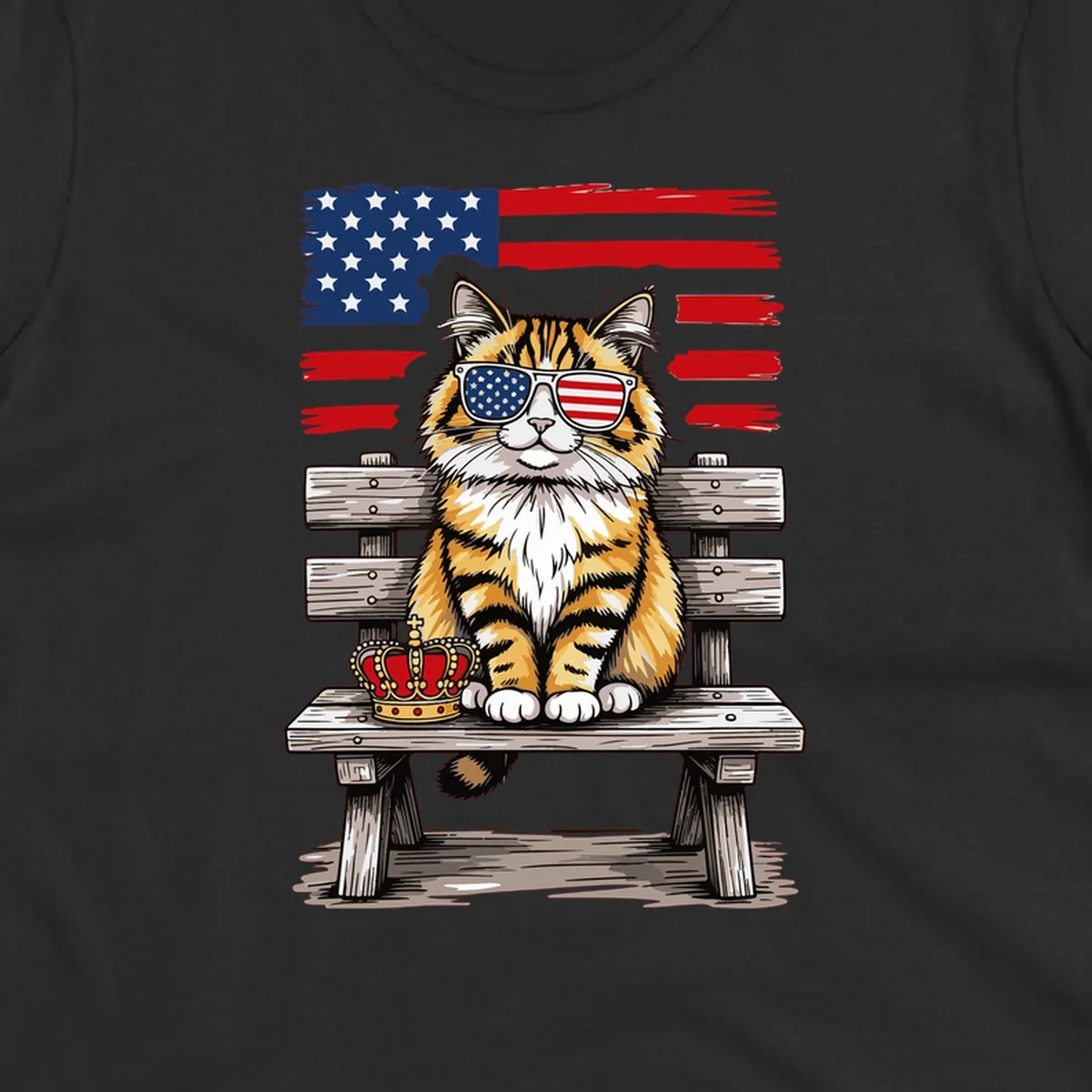An illustrated patriotic cat wearing American flag sunglasses sits on a bench with a crown and flag in the background.