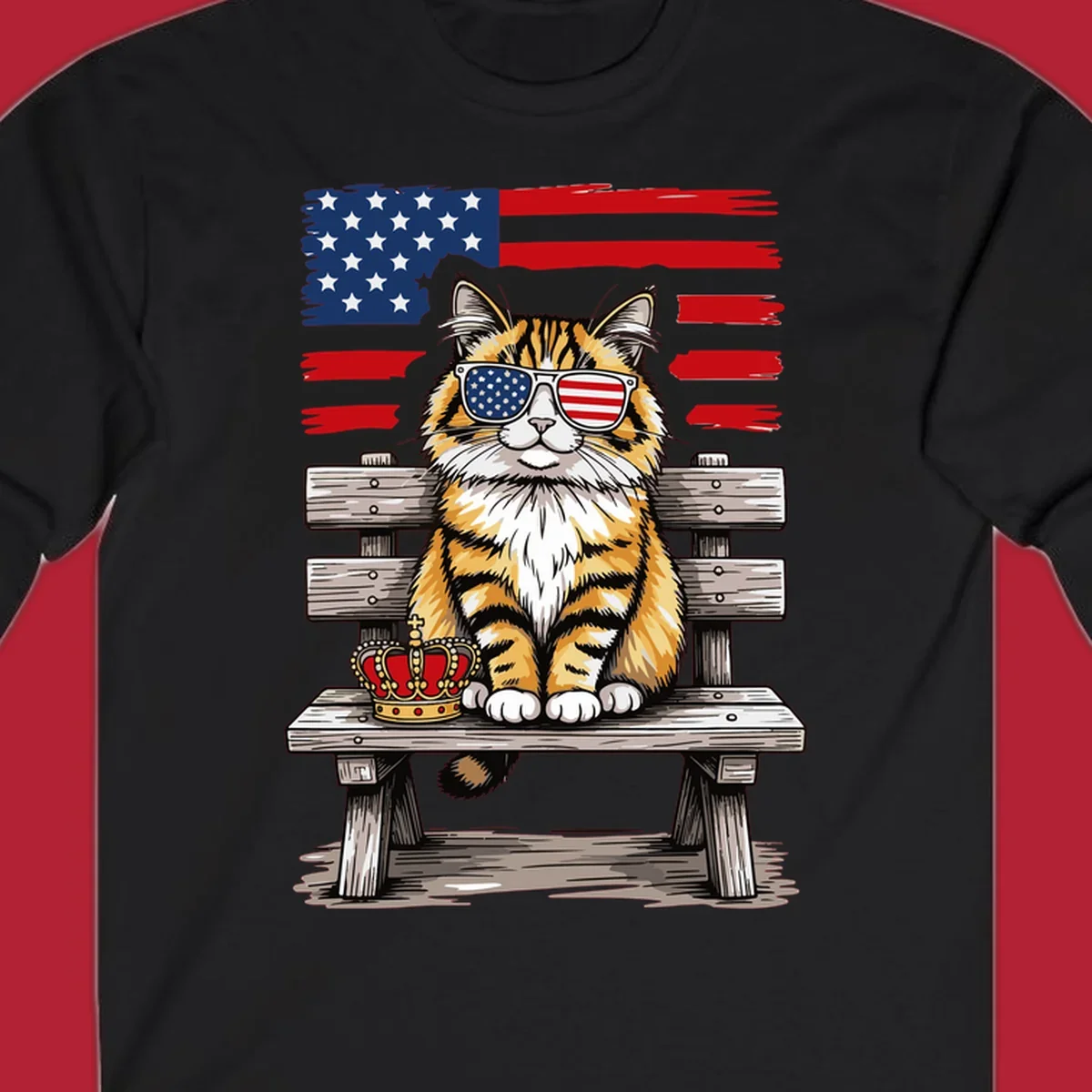 An illustrated patriotic cat wearing American flag sunglasses sits on a bench with a crown and flag in the background.