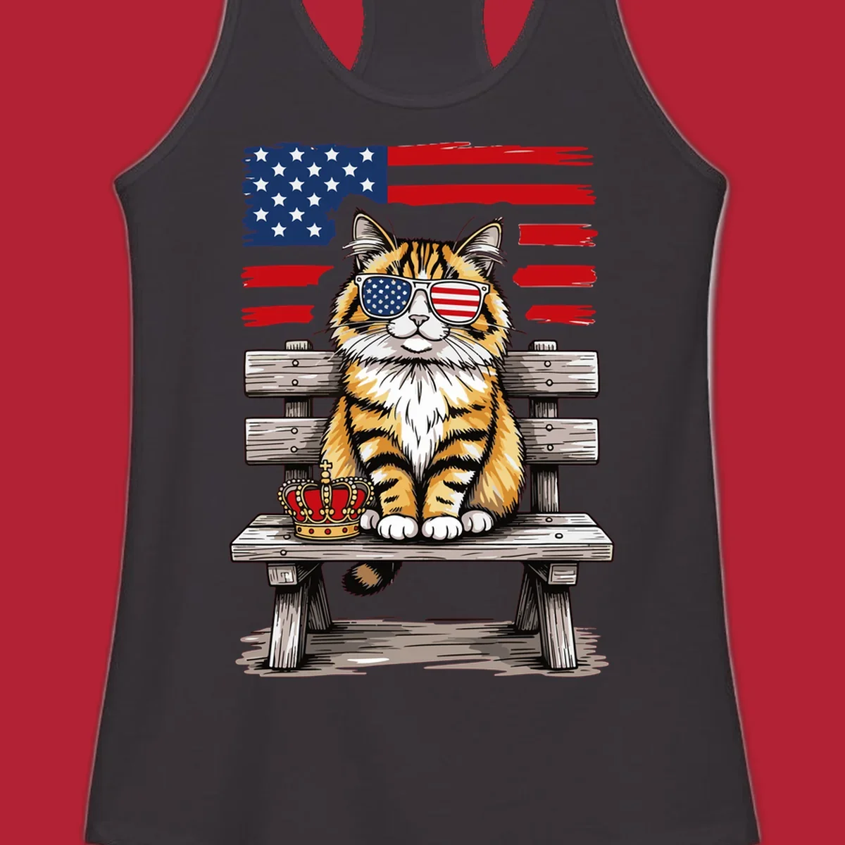 An illustrated patriotic cat wearing American flag sunglasses sits on a bench with a crown and flag in the background.