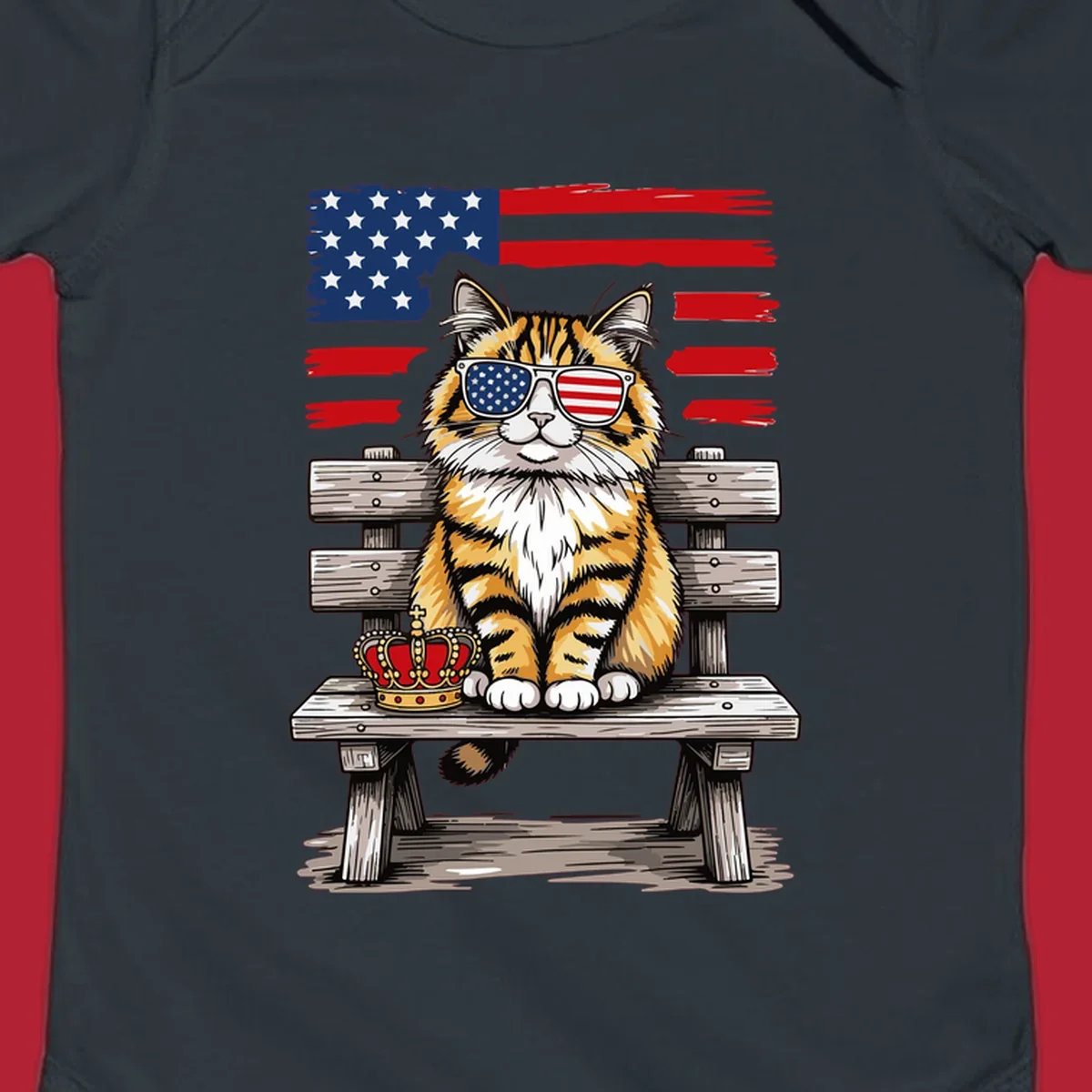 An illustrated patriotic cat wearing American flag sunglasses sits on a bench with a crown and flag in the background.