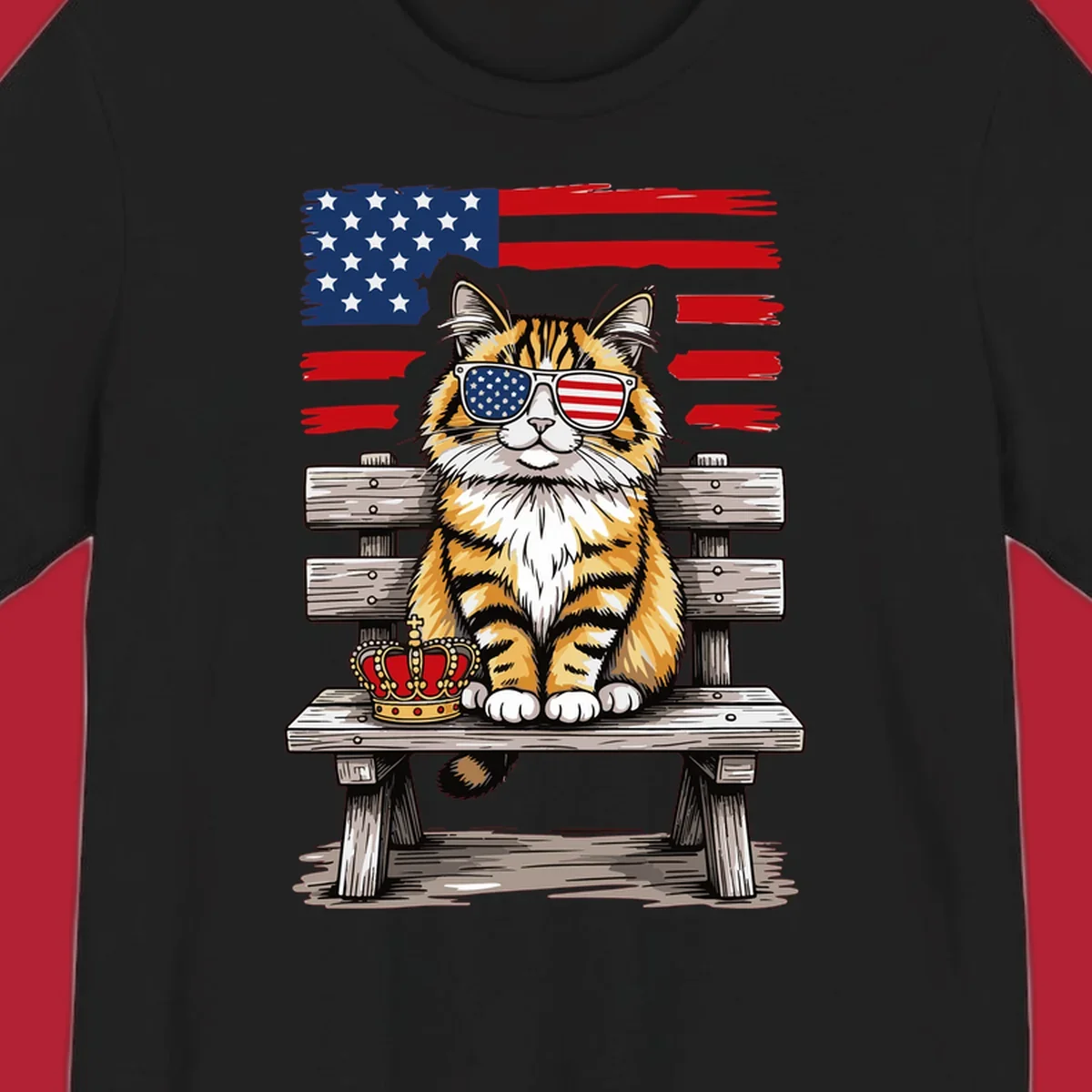 An illustrated patriotic cat wearing American flag sunglasses sits on a bench with a crown and flag in the background.