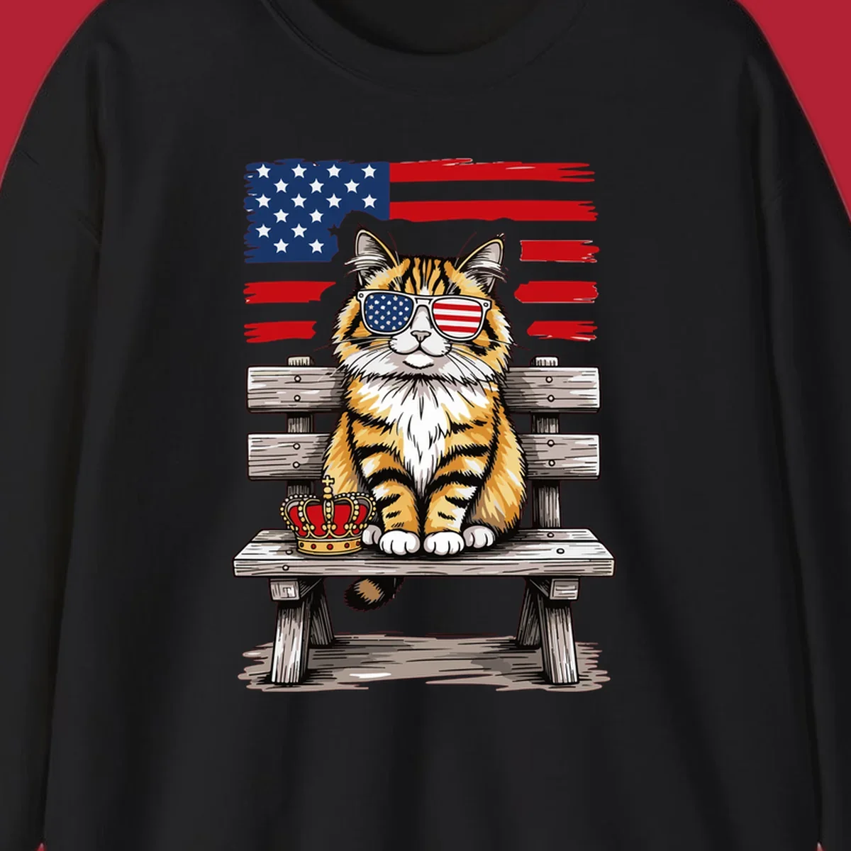 An illustrated patriotic cat wearing American flag sunglasses sits on a bench with a crown and flag in the background.