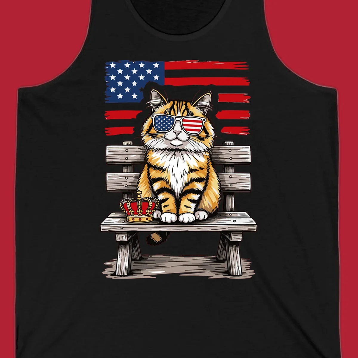 An illustrated patriotic cat wearing American flag sunglasses sits on a bench with a crown and flag in the background.