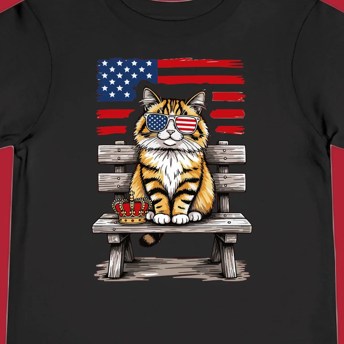 An illustrated patriotic cat wearing American flag sunglasses sits on a bench with a crown and flag in the background.