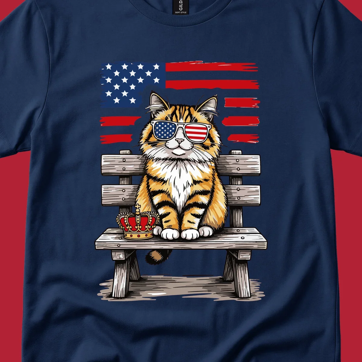 An illustrated patriotic cat wearing American flag sunglasses sits on a bench with a crown and flag in the background.