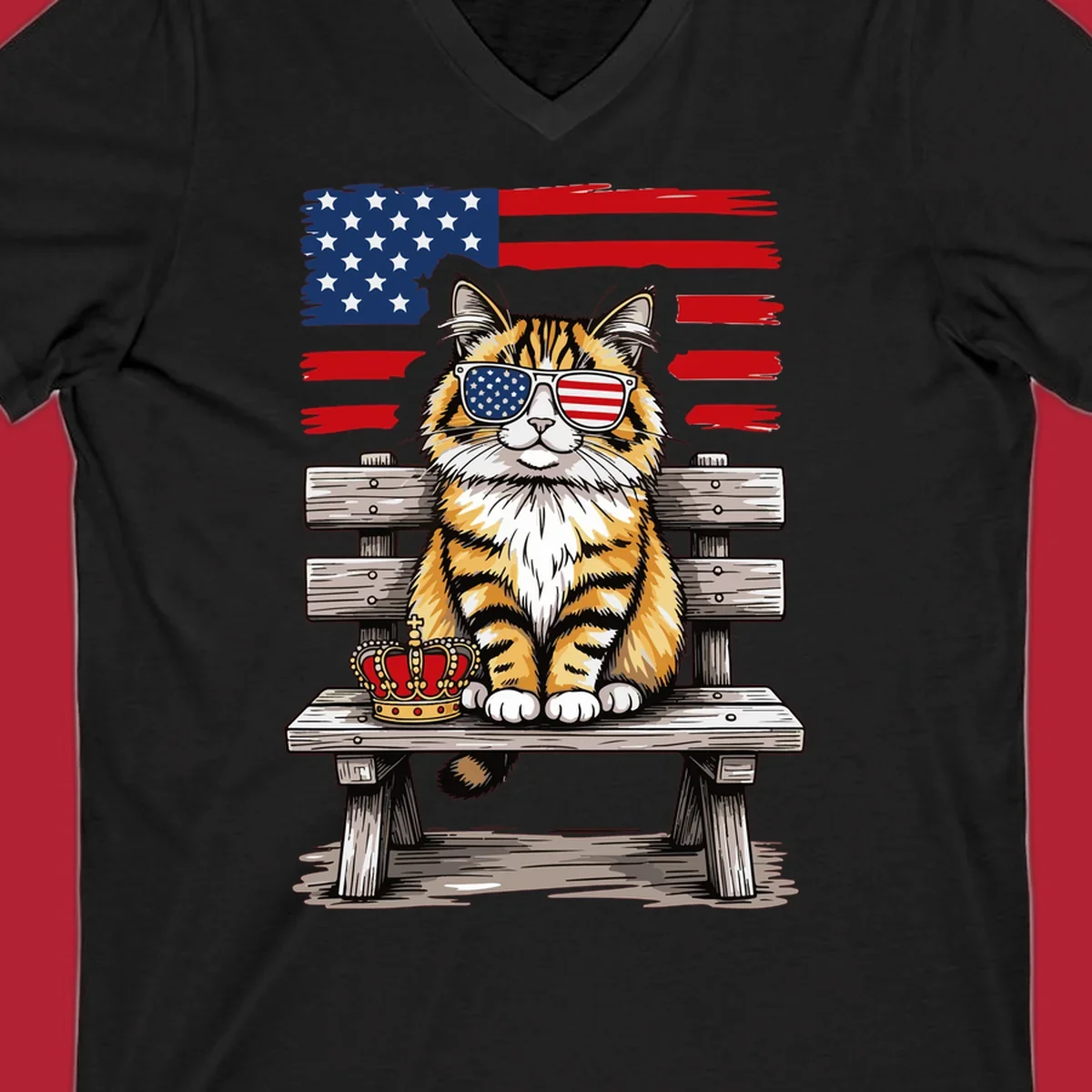 An illustrated patriotic cat wearing American flag sunglasses sits on a bench with a crown and flag in the background.