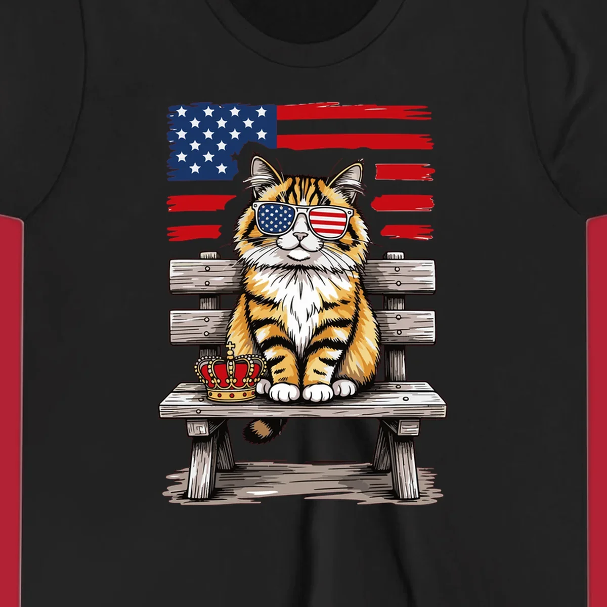 An illustrated patriotic cat wearing American flag sunglasses sits on a bench with a crown and flag in the background.