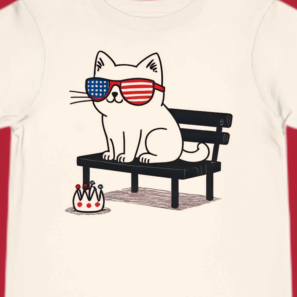 A black cat with American flag sunglasses sits on a bench, next to a small patriotic crown. Features a patriotic-cat-sunglasses concept.
