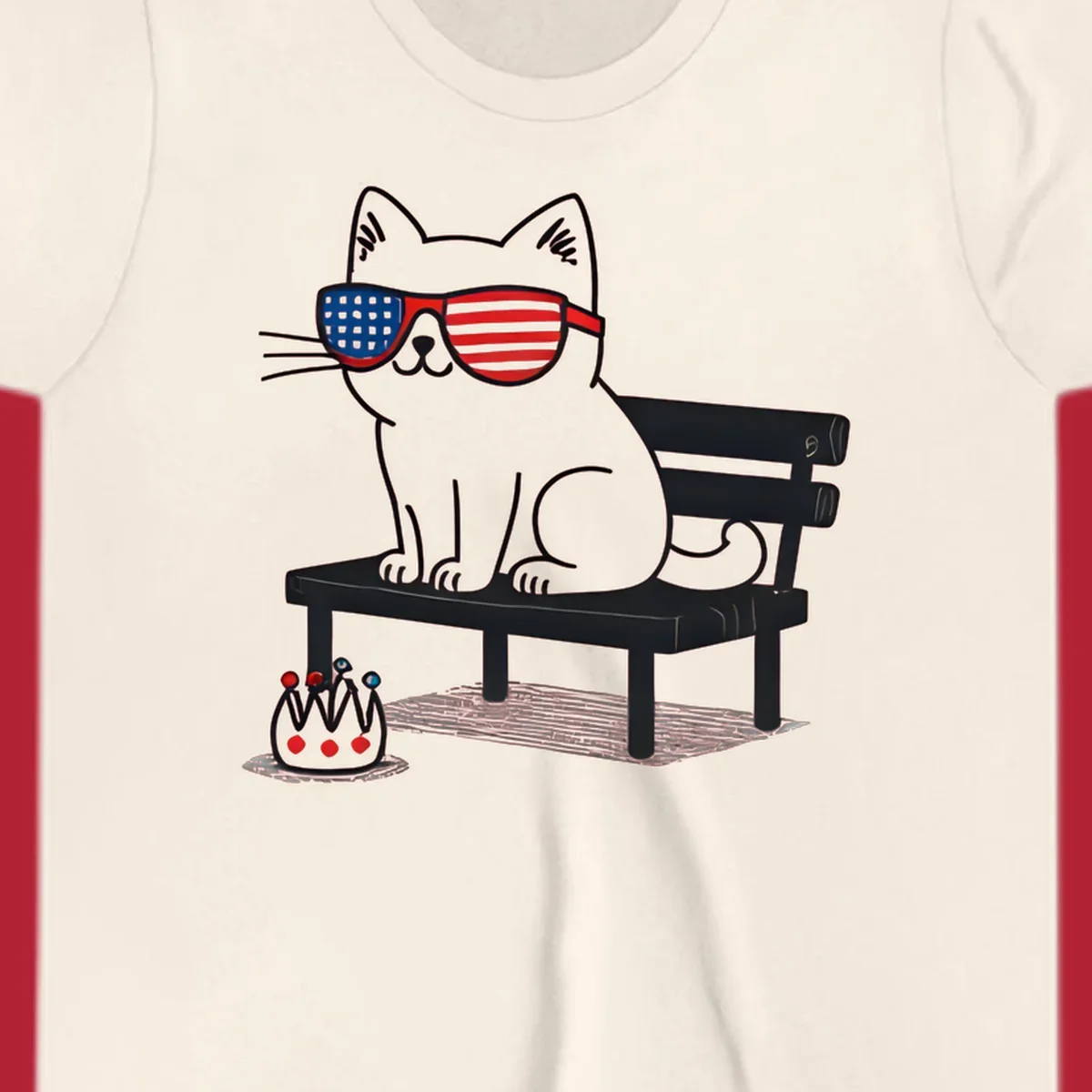 A black cat with American flag sunglasses sits on a bench, next to a small patriotic crown. Features a patriotic-cat-sunglasses concept.
