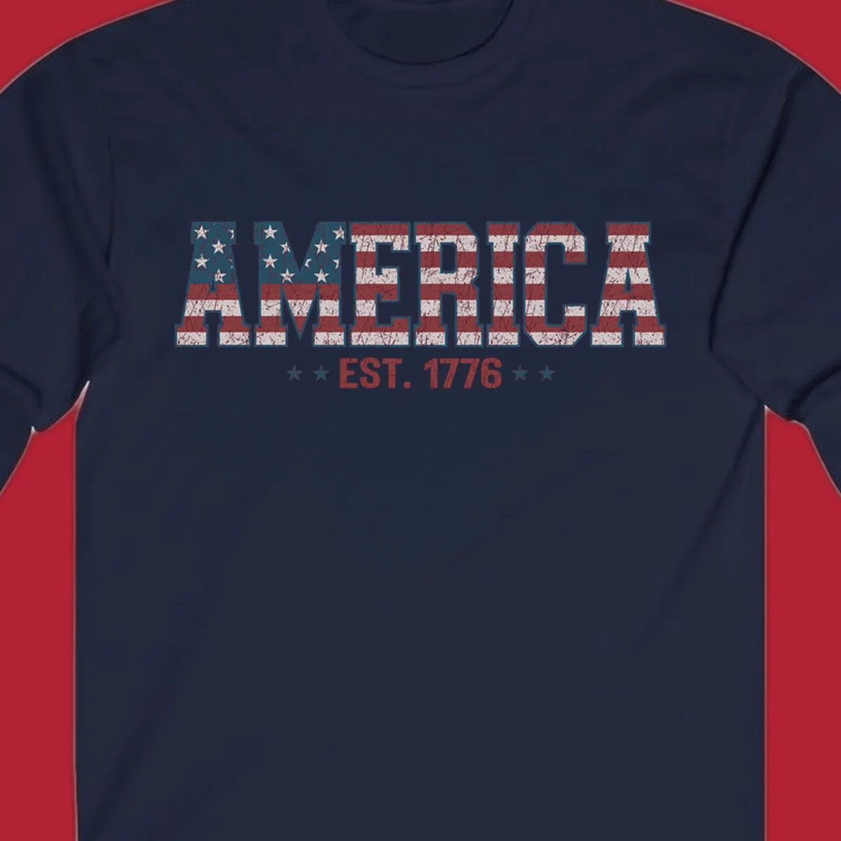 Distressed America Est. 1776 flag design with red, white, and blue flag pattern on block letters and stars.