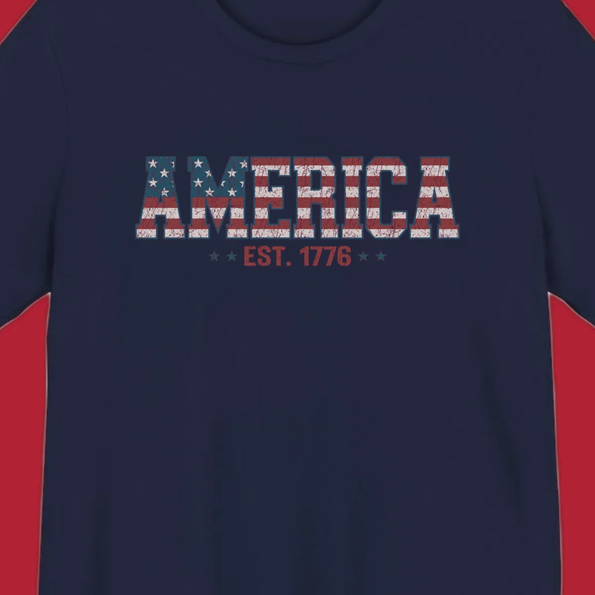 Distressed America Est. 1776 flag design with red, white, and blue flag pattern on block letters and stars.