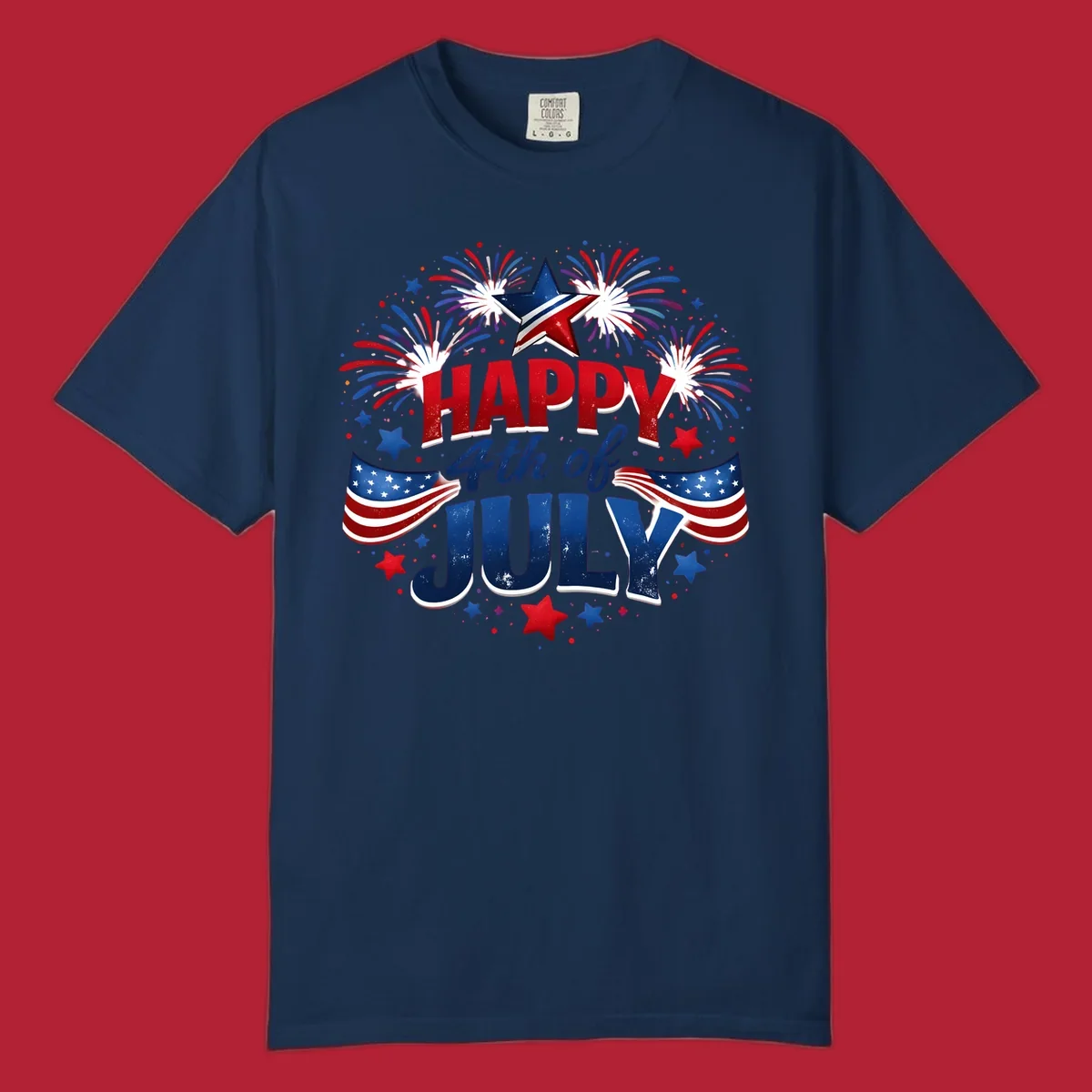 A festive Happy Fourth of July fireworks design with red, white, and blue text, bursting fireworks, and American flags.