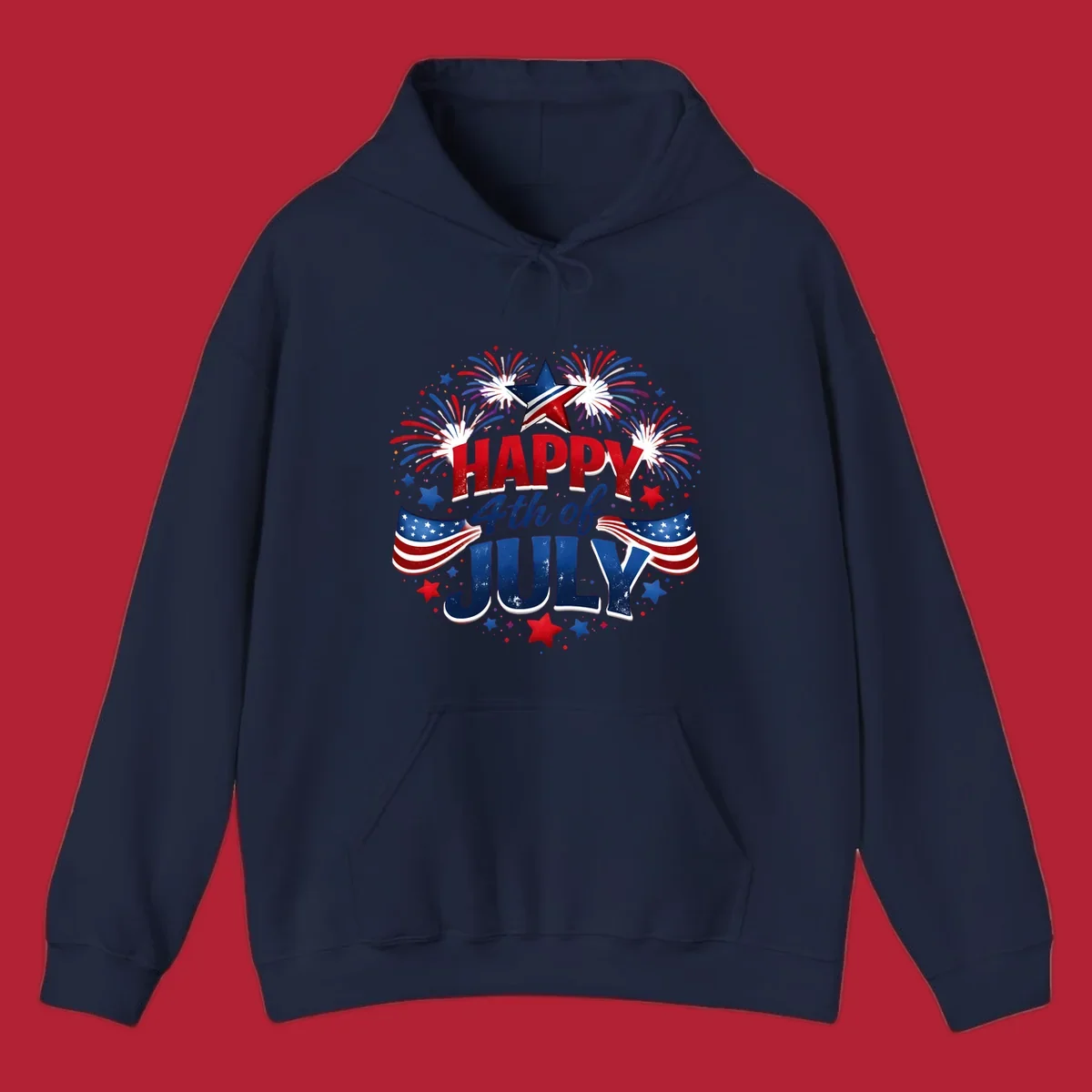 A festive Happy Fourth of July fireworks design with red, white, and blue text, bursting fireworks, and American flags.