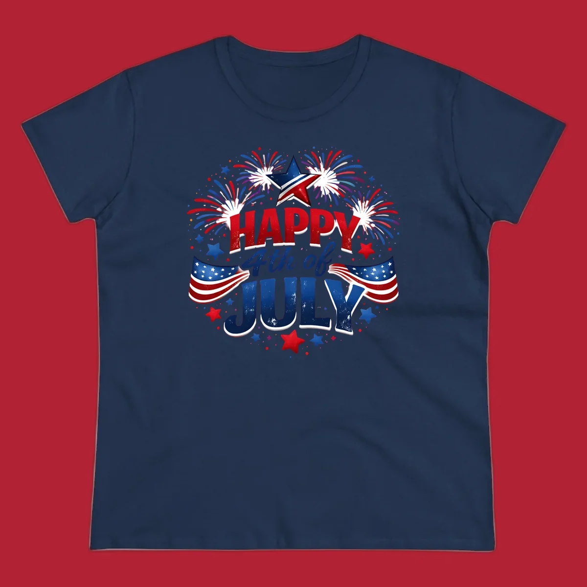 A festive Happy Fourth of July fireworks design with red, white, and blue text, bursting fireworks, and American flags.