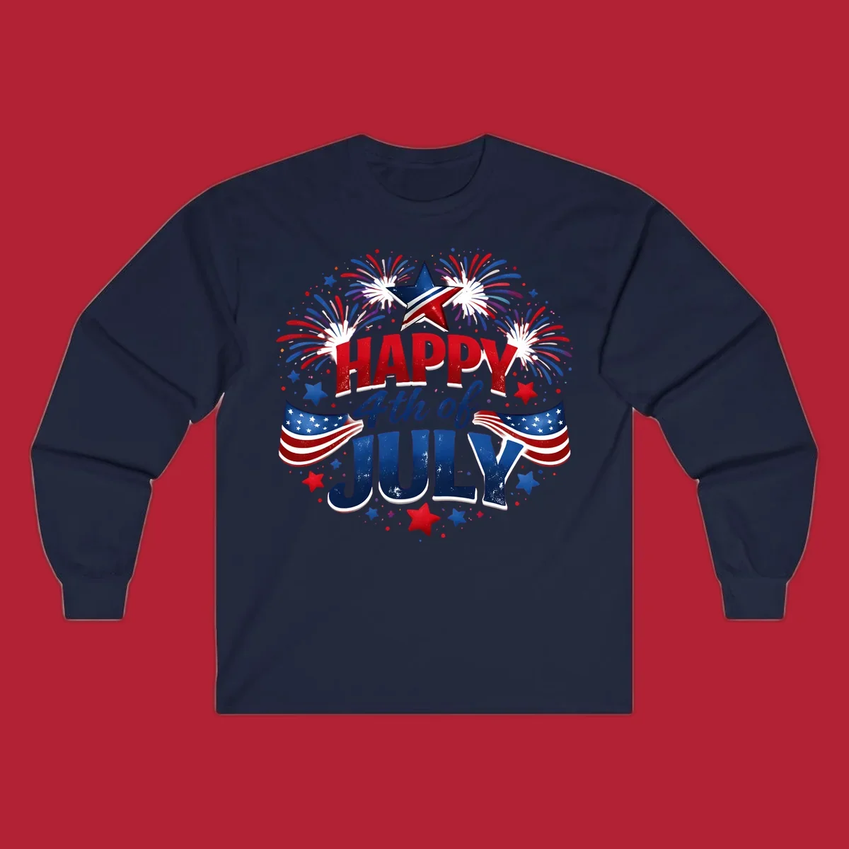 A festive Happy Fourth of July fireworks design with red, white, and blue text, bursting fireworks, and American flags.