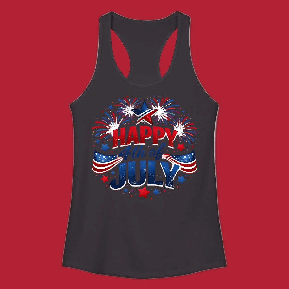 A festive Happy Fourth of July fireworks design with red, white, and blue text, bursting fireworks, and American flags.
