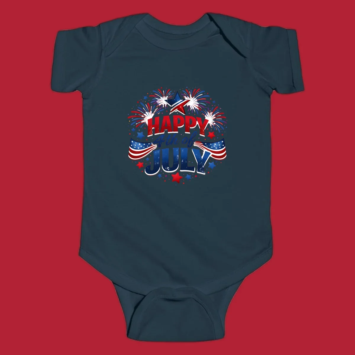 A festive Happy Fourth of July fireworks design with red, white, and blue text, bursting fireworks, and American flags.