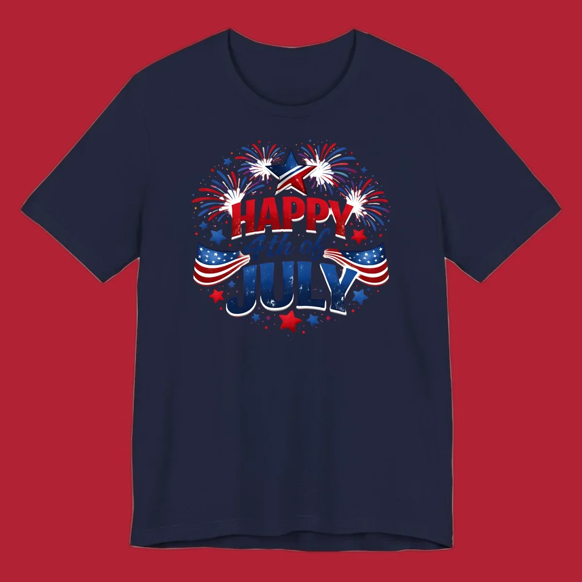 A festive Happy Fourth of July fireworks design with red, white, and blue text, bursting fireworks, and American flags.
