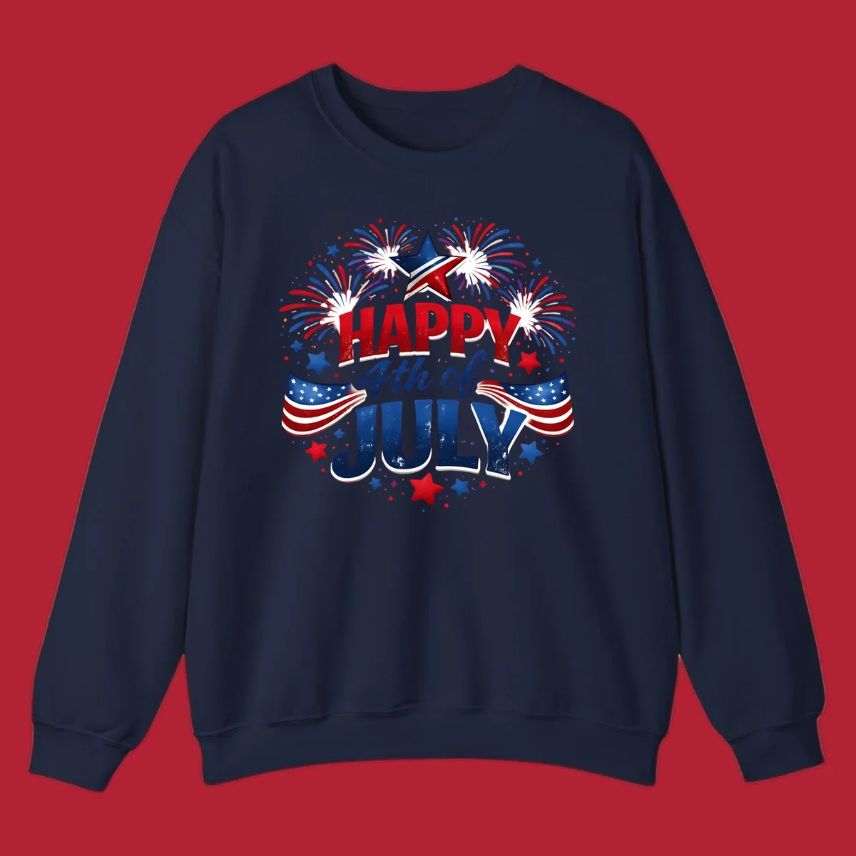 A festive Happy Fourth of July fireworks design with red, white, and blue text, bursting fireworks, and American flags.