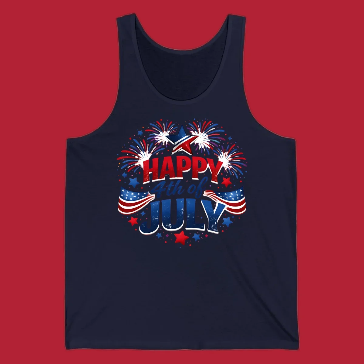 A festive Happy Fourth of July fireworks design with red, white, and blue text, bursting fireworks, and American flags.