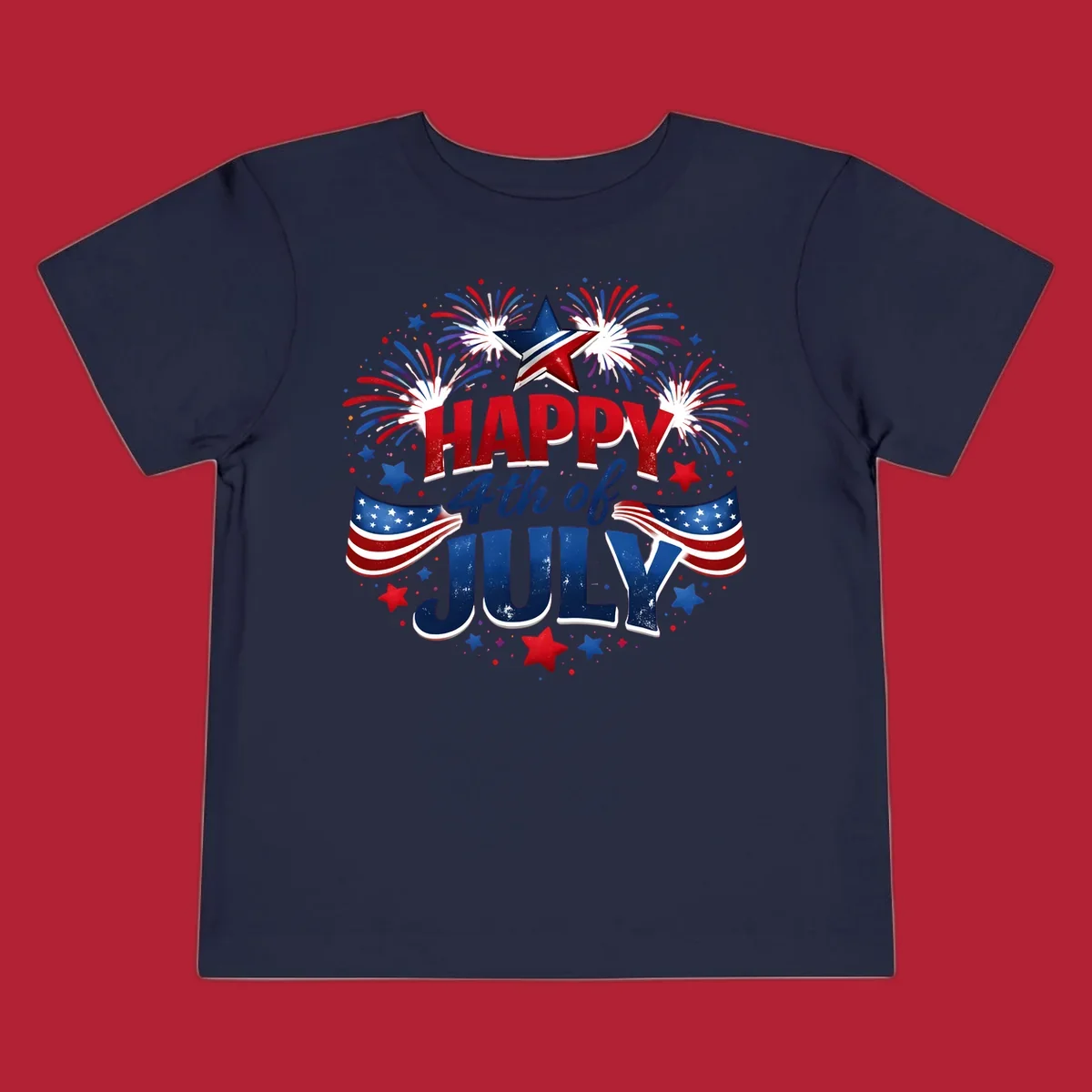 A festive Happy Fourth of July fireworks design with red, white, and blue text, bursting fireworks, and American flags.