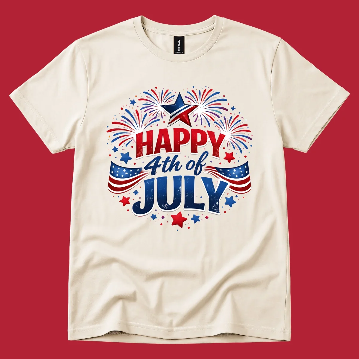 A festive Happy Fourth of July fireworks design with red, white, and blue text, bursting fireworks, and American flags.