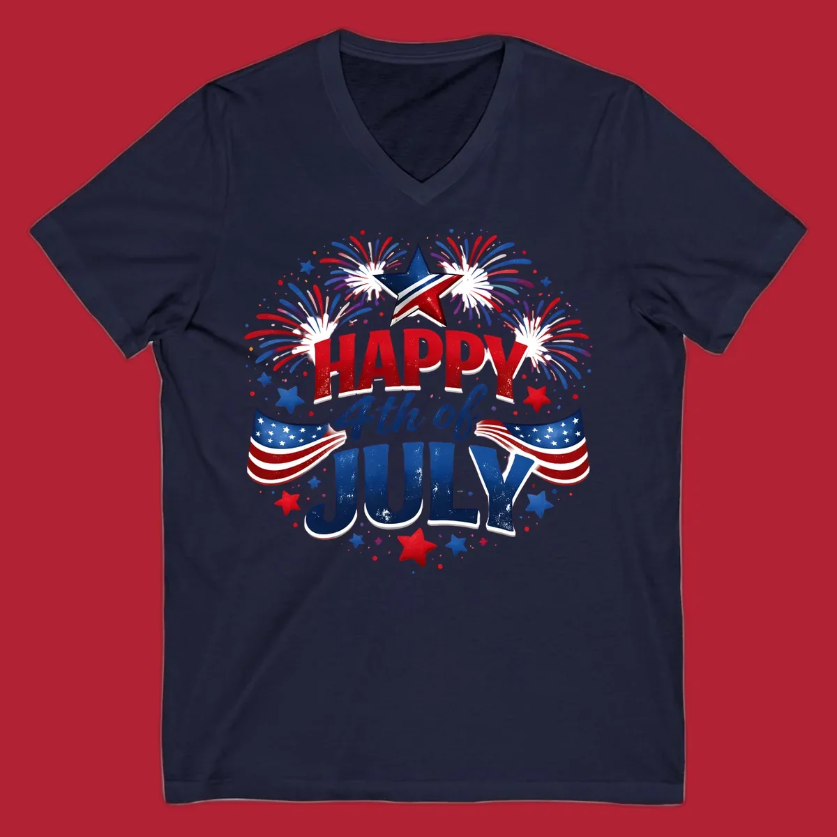 A festive Happy Fourth of July fireworks design with red, white, and blue text, bursting fireworks, and American flags.