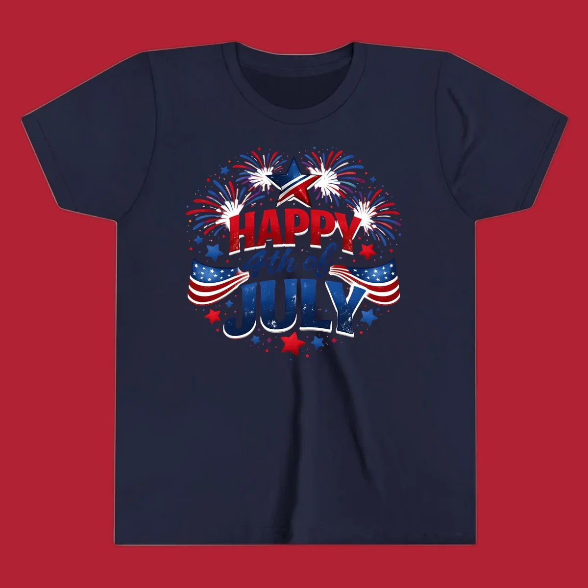A festive Happy Fourth of July fireworks design with red, white, and blue text, bursting fireworks, and American flags.
