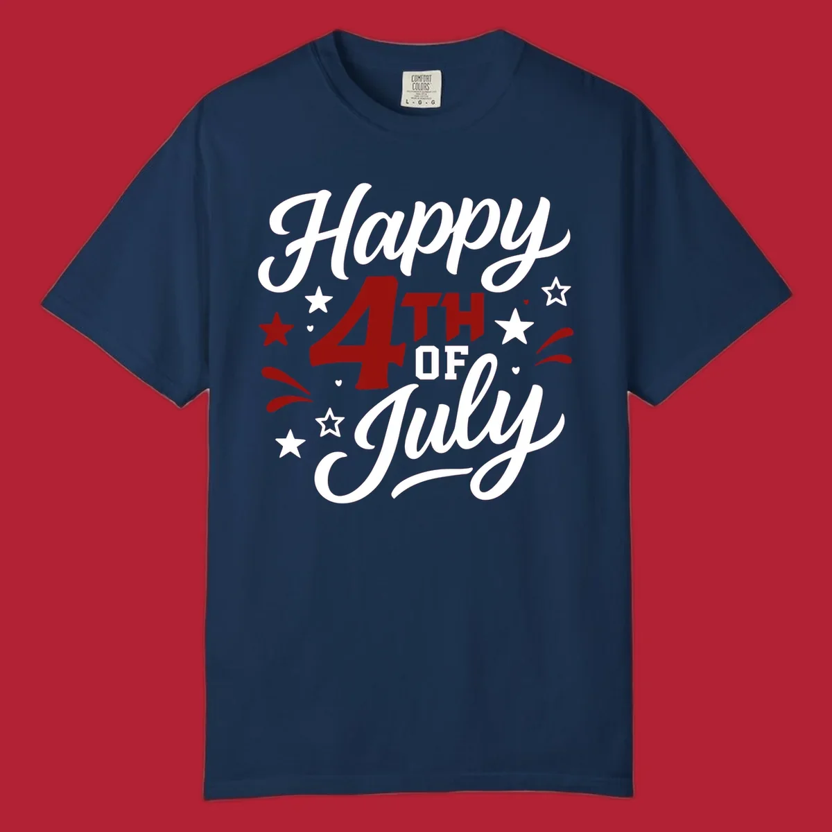 A patriotic Happy Fourth of July design with 'Happy' and 'July' in script, '4TH OF' in block letters, and stars.