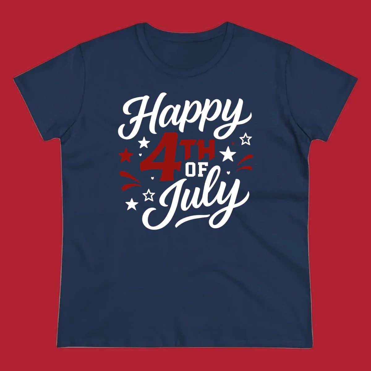 A patriotic Happy Fourth of July design with 'Happy' and 'July' in script, '4TH OF' in block letters, and stars.