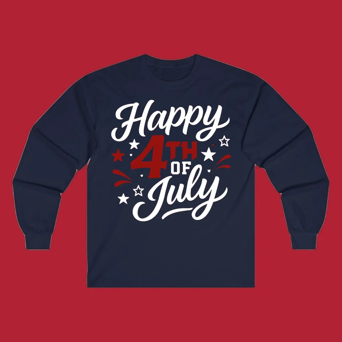 A patriotic Happy Fourth of July design with 'Happy' and 'July' in script, '4TH OF' in block letters, and stars.
