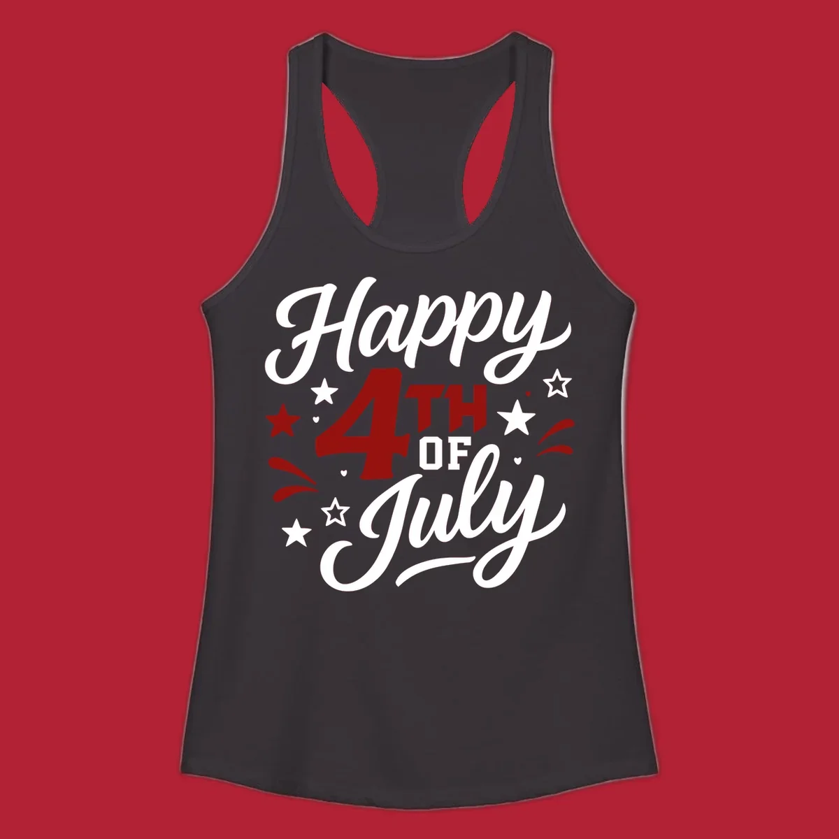 A patriotic Happy Fourth of July design with 'Happy' and 'July' in script, '4TH OF' in block letters, and stars.