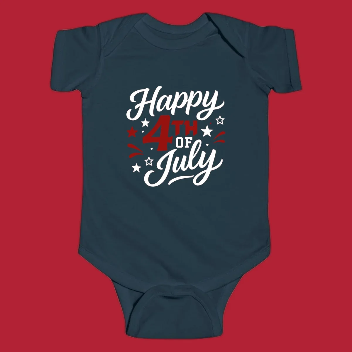 A patriotic Happy Fourth of July design with 'Happy' and 'July' in script, '4TH OF' in block letters, and stars.