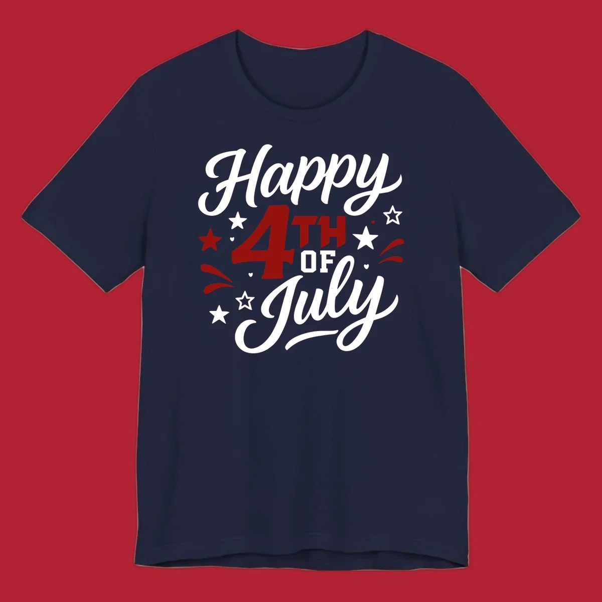A patriotic Happy Fourth of July design with 'Happy' and 'July' in script, '4TH OF' in block letters, and stars.