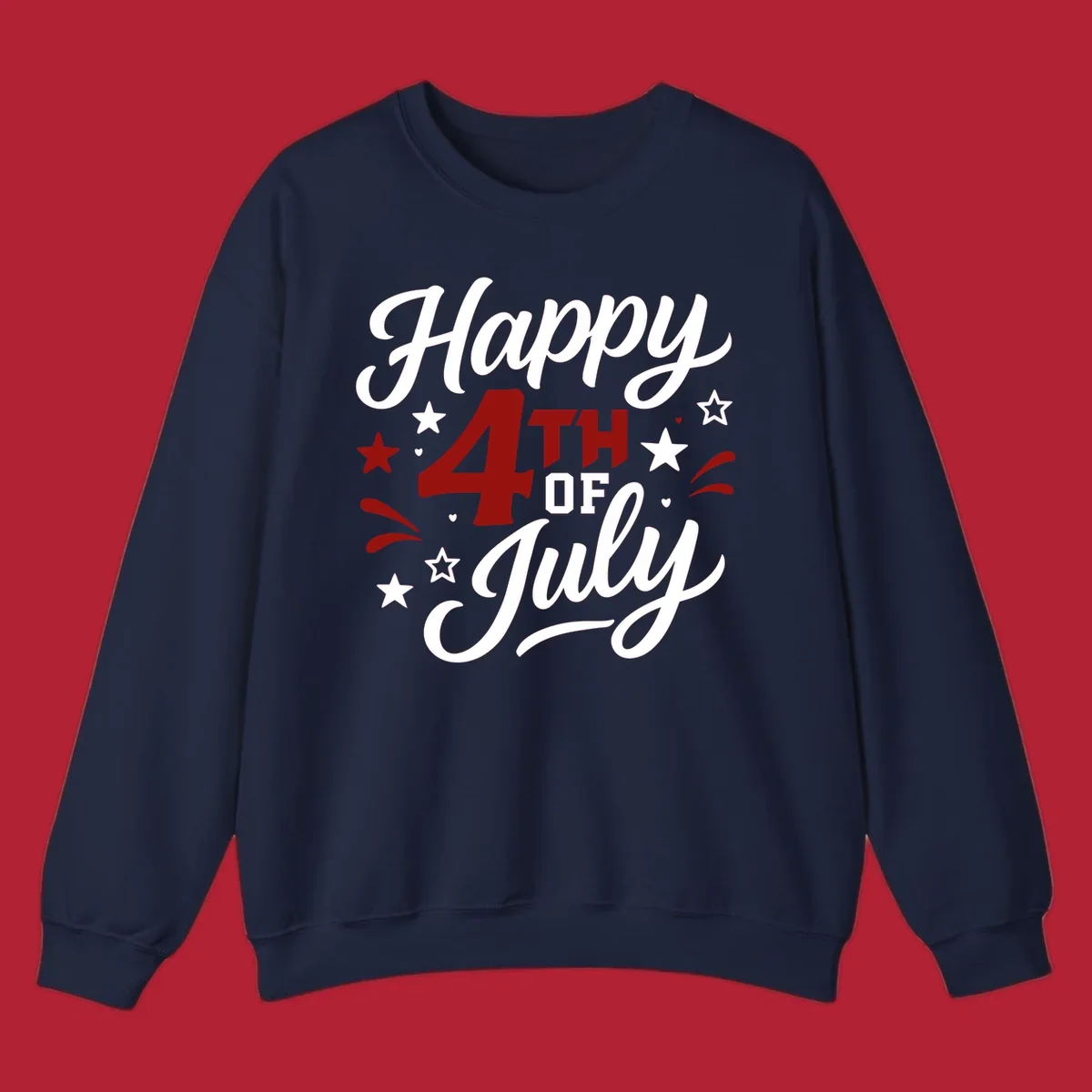 A patriotic Happy Fourth of July design with 'Happy' and 'July' in script, '4TH OF' in block letters, and stars.