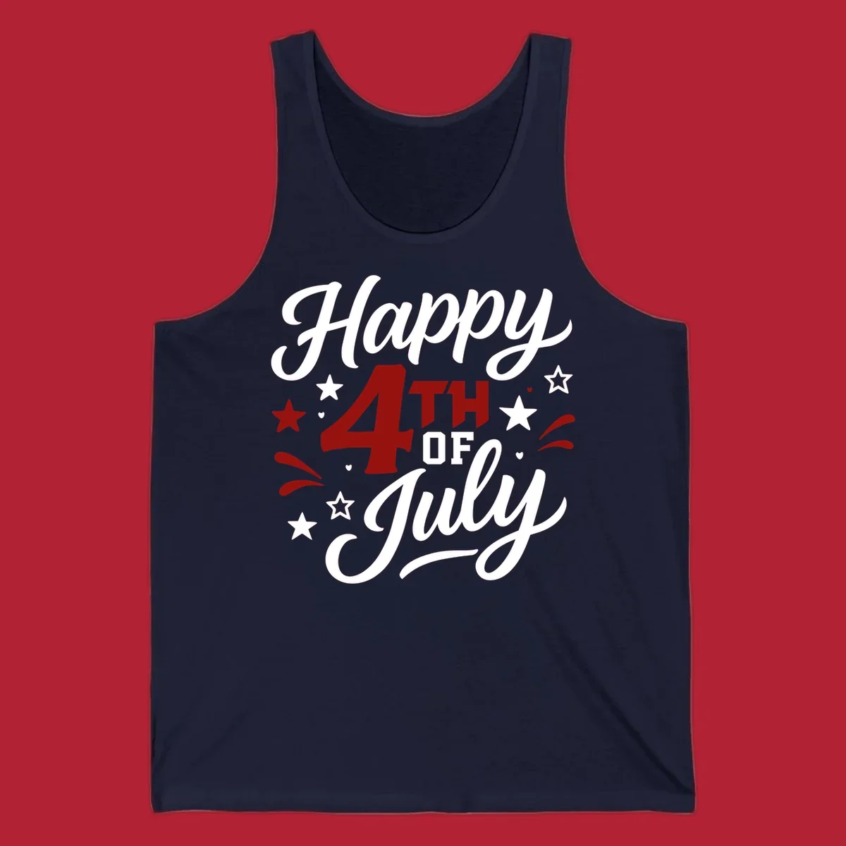 A patriotic Happy Fourth of July design with 'Happy' and 'July' in script, '4TH OF' in block letters, and stars.