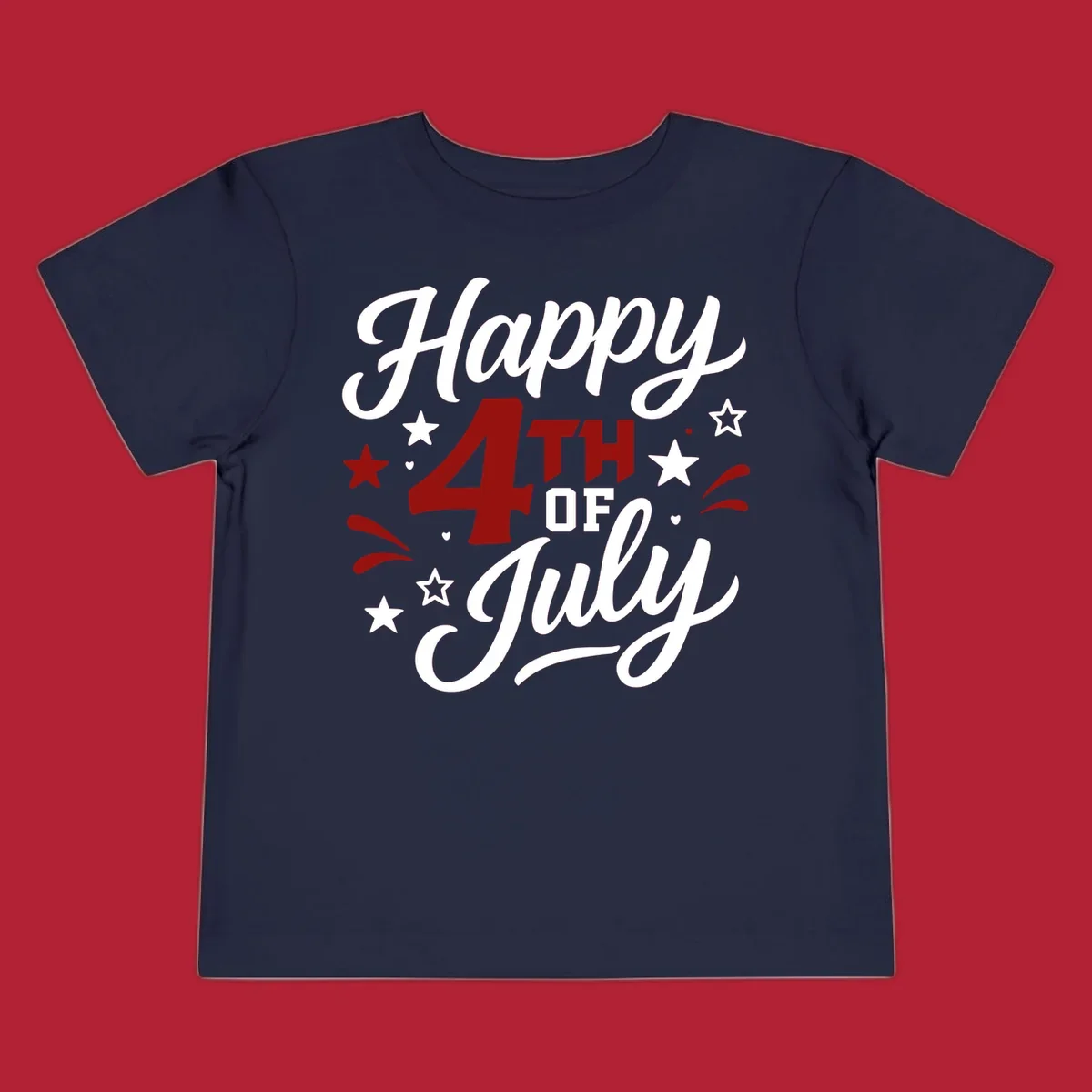 A patriotic Happy Fourth of July design with 'Happy' and 'July' in script, '4TH OF' in block letters, and stars.