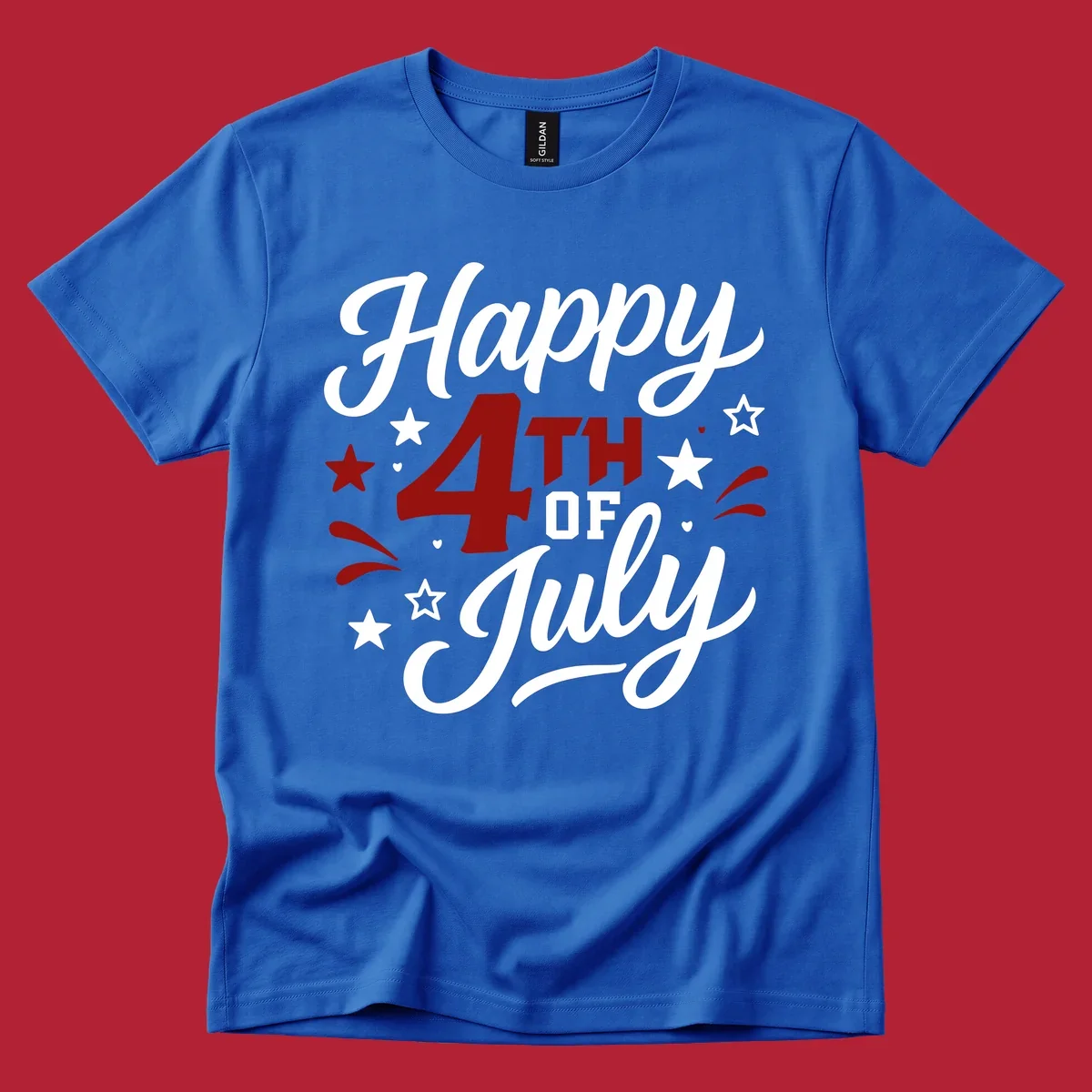 A patriotic Happy Fourth of July design with 'Happy' and 'July' in script, '4TH OF' in block letters, and stars.