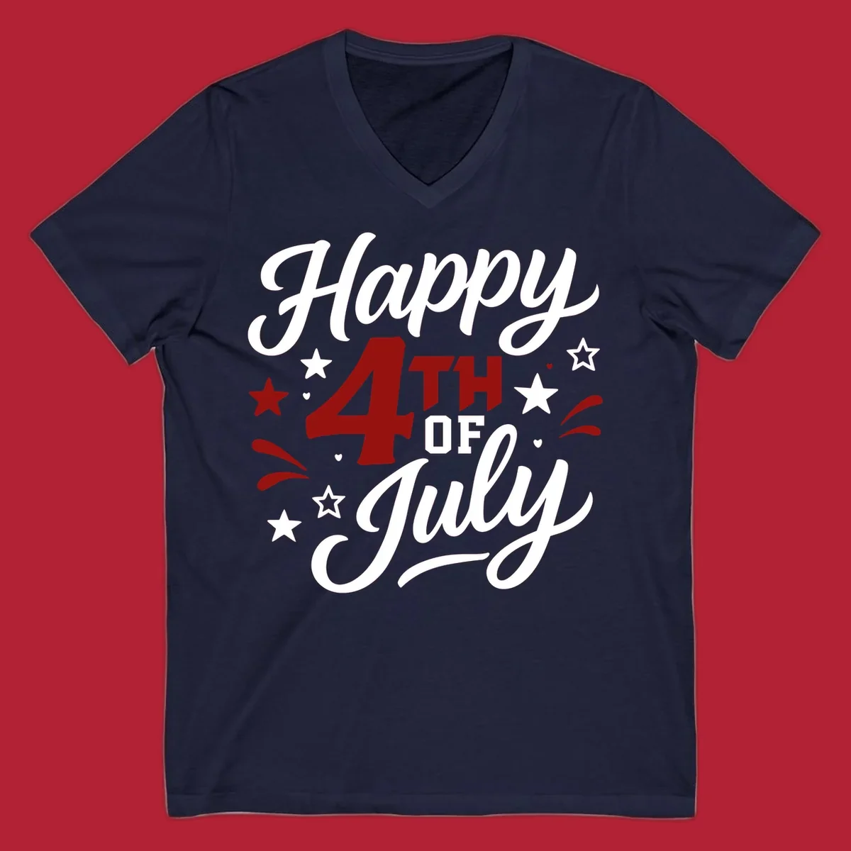 A patriotic Happy Fourth of July design with 'Happy' and 'July' in script, '4TH OF' in block letters, and stars.