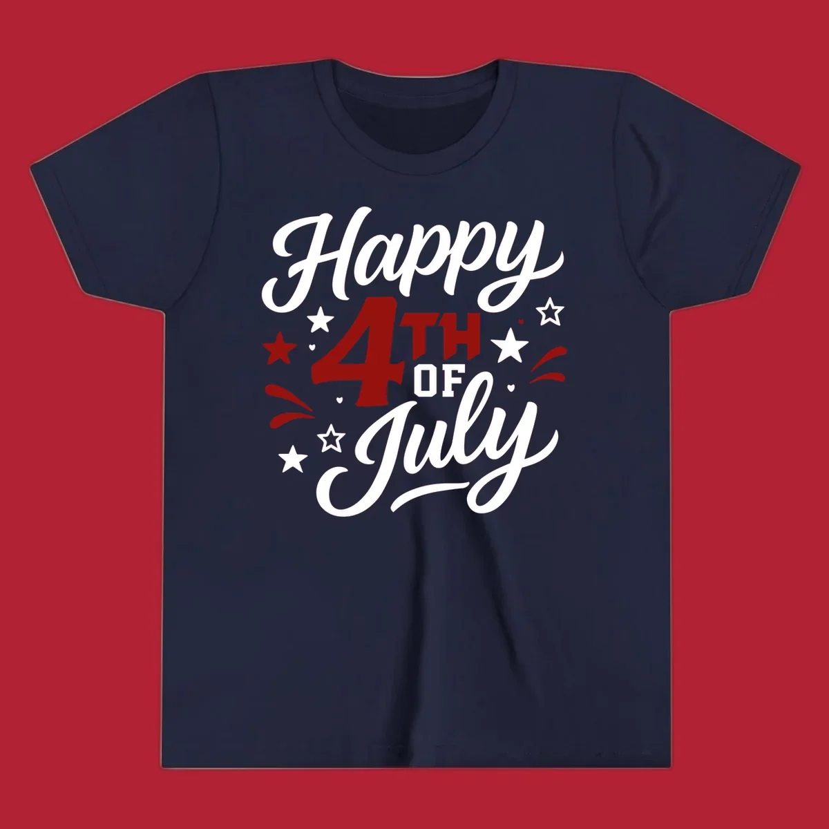 A patriotic Happy Fourth of July design with 'Happy' and 'July' in script, '4TH OF' in block letters, and stars.