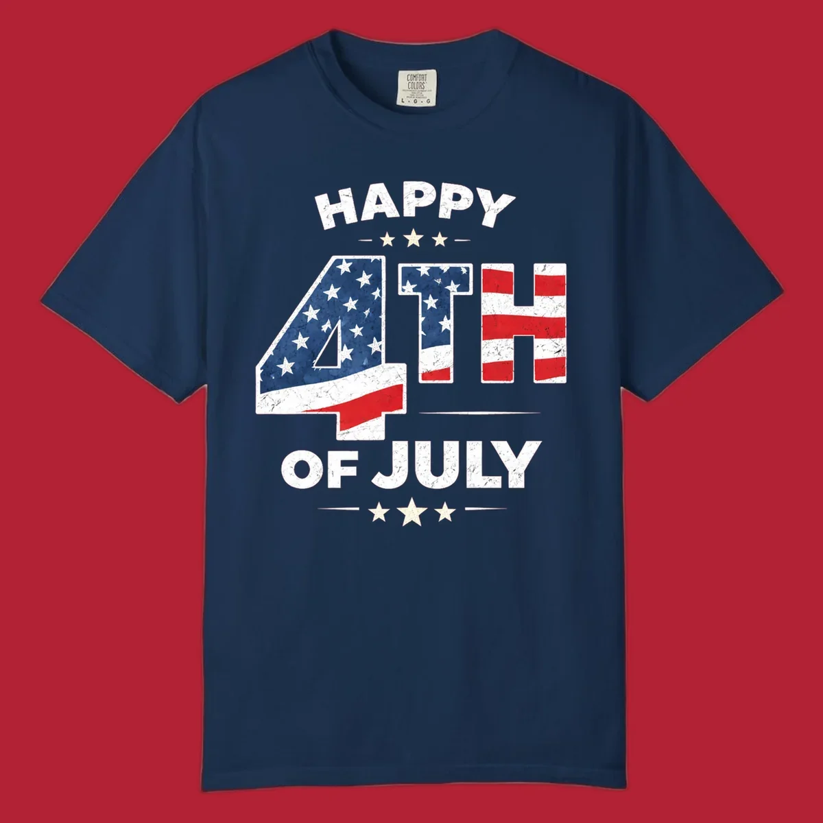 Distressed "HAPPY 4TH OF JULY" design with the "4TH" in an American flag pattern and white stars.