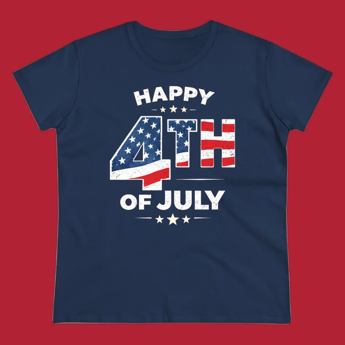 Distressed "HAPPY 4TH OF JULY" design with the "4TH" in an American flag pattern and white stars.